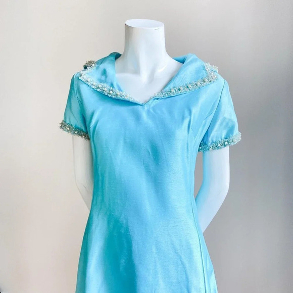 Vintage Light Blue 50s 60s Beaded Detail Short Sleeve Mini Dress S - Picture 4 of 11